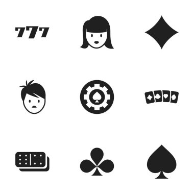 9 düzenlenebilir Casino simgeler kümesi. Shamrock, kadın yüzü, Bones oyun ve daha fazlası gibi simgeler içerir. Web, mobil, UI ve Infographic tasarımı için kullanılabilir.