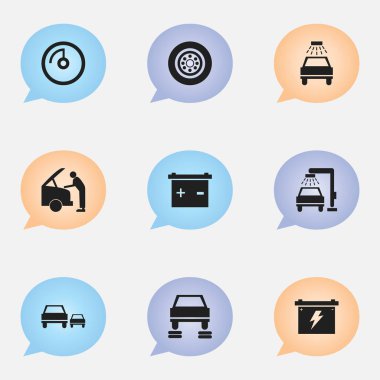 9 düzenlenebilir Rating simgeler kümesi. Sembolleri arabasını tamir, pil, hız ekran ve daha fazlası gibi içerir. Web, mobil, UI ve Infographic tasarımı için kullanılabilir.