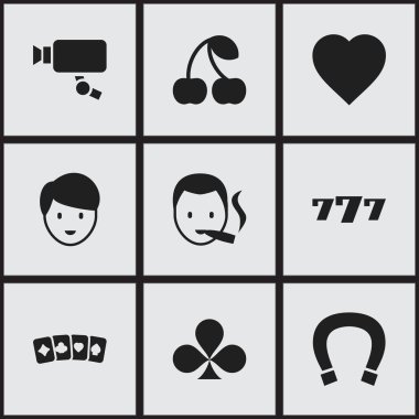 9 düzenlenebilir oyun simgeler kümesi. Casino işçi, şans tılsımı, sevgi ve daha fazla gibi simgeler içerir. Web, mobil, UI ve Infographic tasarımı için kullanılabilir.