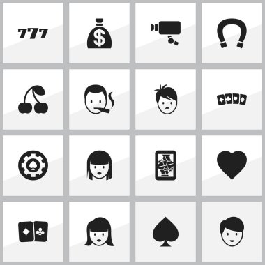 16 düzenlenebilir kumar simgeler kümesi. Kart takım elbise, aşk, şans tılsımı ve daha fazlası gibi simgeler içerir. Web, mobil, UI ve Infographic tasarımı için kullanılabilir.