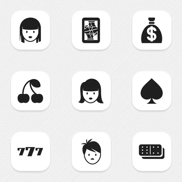 Σύνολο 9 επεξεργάσιμο εικονίδια τυχερά παιχνίδια. Περιλαμβάνει σύμβολα όπως κάρτα παιχνιδιών, γυναίκα, πρόσωπο, πορτοφόλι και περισσότερο. Μπορεί να χρησιμοποιηθεί για Web, Mobile, Ui και σχεδίασης γραφήματος. — Διανυσματικό Αρχείο