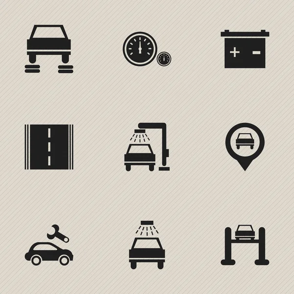 Ensemble de 9 icônes de transport modifiables. Comprend des symboles tels que pointeur, réparation automobile, lavage de véhicule et plus encore. Peut être utilisé pour le Web, mobile, interface utilisateur et infographie . — Image vectorielle