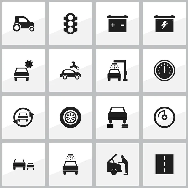 Set van 16 bewerkbare voertuig iconen. Bevat symbolen zoals Accumulator, tot vaststelling van de auto, Auto reparatie en meer. Kan worden gebruikt voor Web, Mobile, Ui en Infographic Design. — Stockvector