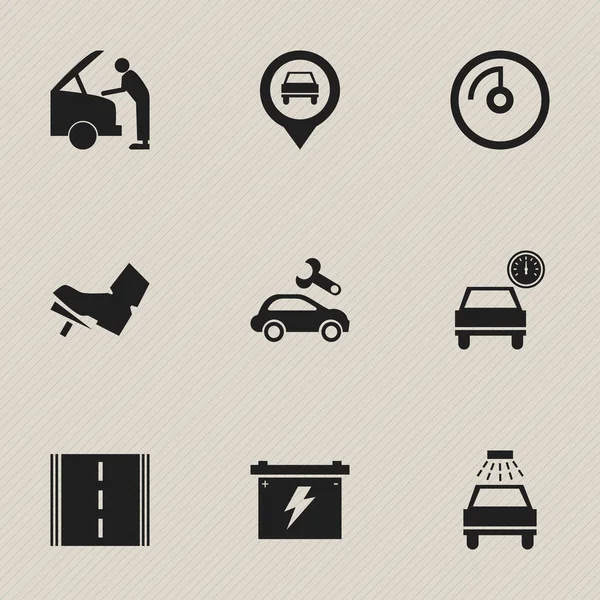 Conjunto de 9 Ícones de Veículo Editável. Inclui símbolos como bateria, Fix automotivo, carro Lave e muito mais. Pode ser usado para Web, Mobile, UI e design infográfico . — Vetor de Stock