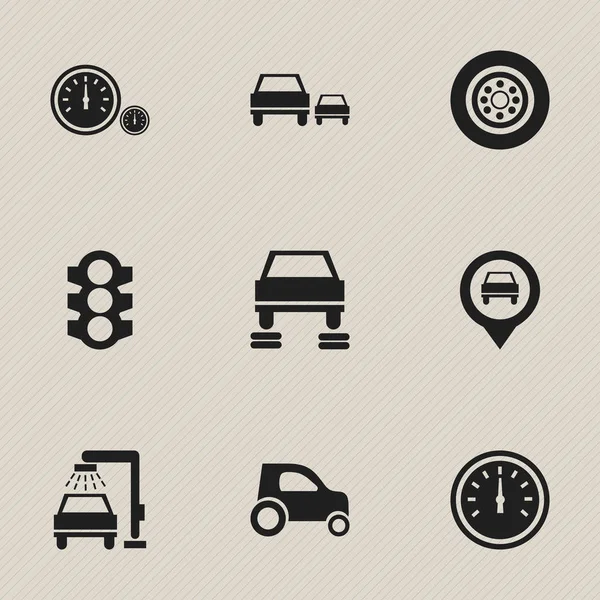 Conjunto de 9 iconos de vehículos editables. Incluye símbolos tales como velocímetro, coche del vehículo, parada y más. Puede ser utilizado para el diseño de la tela, móvil, interfaz de usuario e infografía . — Vector de stock