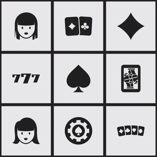 Set di 9 icone di gioco modificabili. Include simboli come abiti da carte, cuore nero, carta da gioco e altro ancora. Può essere utilizzato per la progettazione web, mobile, UI e infografica . — Vettoriale Stock