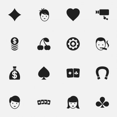 16 düzenlenebilir oyun simgeler kümesi. Kart çifti, Rhombus, siyah kalp ve daha fazlası gibi simgeler içerir. Web, mobil, UI ve Infographic tasarımı için kullanılabilir.