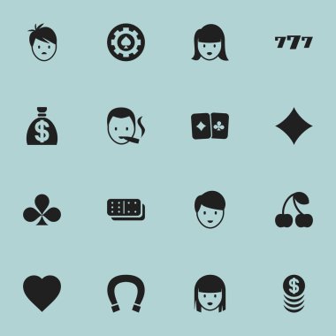 16 düzenlenebilir oyun simgeler kümesi. Siyah kalp, kadın yüzü, şanslı-7 ve daha fazlası gibi simgeler içerir. Web, mobil, UI ve Infographic tasarımı için kullanılabilir.