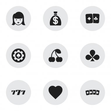 9 düzenlenebilir heyecan simgeler kümesi. Paran, kart takım elbise, şanslı-7 ve daha fazlası gibi simgeler içerir. Web, mobil, UI ve Infographic tasarımı için kullanılabilir.