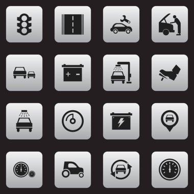 16 düzenlenebilir taşıma simgeler kümesi. Araba tamir, hız ekran, araç yıkama ve daha fazlası gibi simgeler içerir. Web, mobil, UI ve Infographic tasarımı için kullanılabilir.