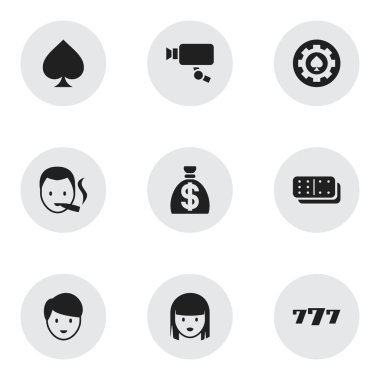 9 düzenlenebilir Casino simgeler kümesi. Sembolleri Cam, siyah kalp, şanslı-7 ve daha fazla izleme gibi içerir. Web, mobil, UI ve Infographic tasarımı için kullanılabilir.