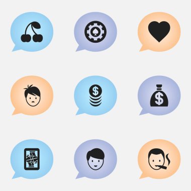 9 düzenlenebilir Casino simgeler kümesi. Sigara içen, çocuk, paran ve daha fazlası gibi simgeler içerir. Web, mobil, UI ve Infographic tasarımı için kullanılabilir.