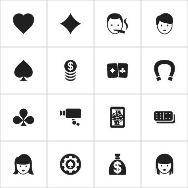 16 düzenlenebilir heyecan simgeler kümesi. Kadın yüzü, şans tılsımı, kart çift ve daha fazlası gibi simgeler içerir. Web, mobil, UI ve Infographic tasarımı için kullanılabilir.