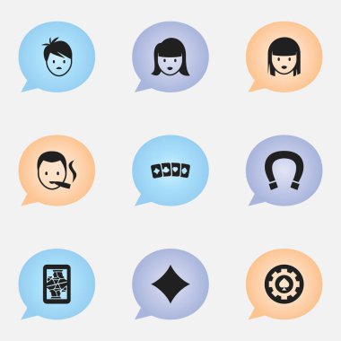 9 düzenlenebilir heyecan simgeler kümesi. Şans tılsımı, siyah kalp, Sigara içen ve daha fazlası gibi simgeler içerir. Web, mobil, UI ve Infographic tasarımı için kullanılabilir.