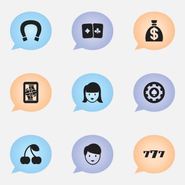9 düzenlenebilir Casino simgeler kümesi. Kadın yüzü, Casino işçi, şanslı-7 ve daha fazlası gibi simgeler içerir. Web, mobil, UI ve Infographic tasarımı için kullanılabilir.