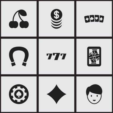 9 düzenlenebilir kumar simgeler kümesi. Şanslı-7, siyah kalp, Casino işçi ve daha fazlası gibi simgeler içerir. Web, mobil, UI ve Infographic tasarımı için kullanılabilir.