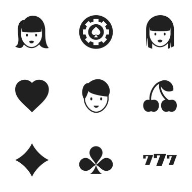 9 düzenlenebilir Casino simgeler kümesi. Siyah kalp, şanslı-7, kadın yüzü ve daha fazlası gibi simgeler içerir. Web, mobil, UI ve Infographic tasarımı için kullanılabilir.
