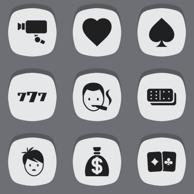 9 düzenlenebilir Casino simgeler kümesi. Bones oyun, paran, Cam ve daha fazla izleme gibi simgeler içerir. Web, mobil, UI ve Infographic tasarımı için kullanılabilir.