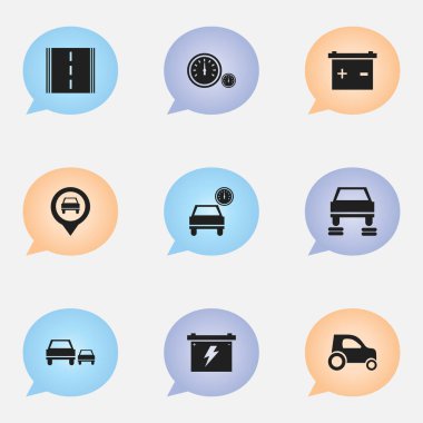 9 düzenlenebilir taşıma simgeler kümesi. Oto tamir, pil, araç araba ve daha fazlası gibi simgeler içerir. Web, mobil, UI ve Infographic tasarımı için kullanılabilir.
