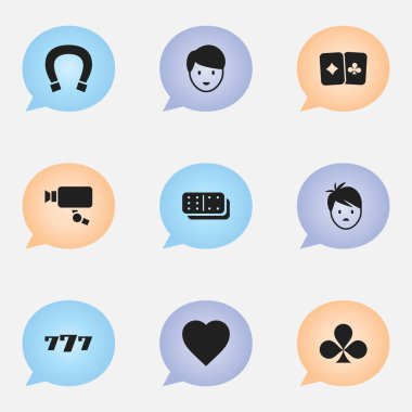 9 düzenlenebilir heyecan simgeler kümesi. Şans tılsımı, şanslı-7, Casino işçi ve daha fazlası gibi simgeler içerir. Web, mobil, UI ve Infographic tasarımı için kullanılabilir.