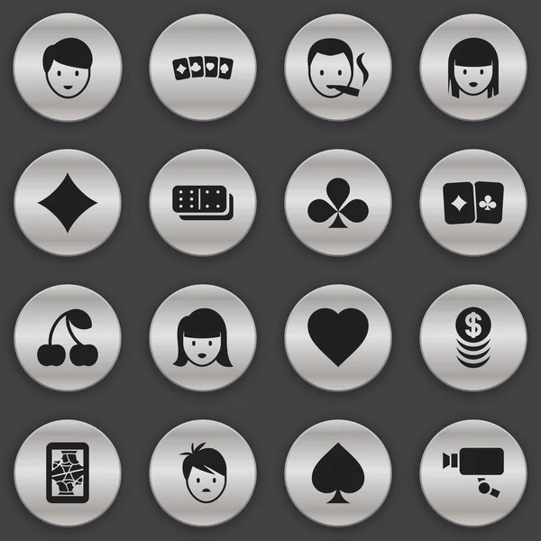 16 düzenlenebilir heyecan simgeler kümesi. Yığılmış para, aşk, kart takım elbise ve daha fazlası gibi simgeler içerir. Web, mobil, UI ve Infographic tasarımı için kullanılabilir.