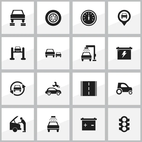 Set di 16 icone auto modificabili. Include simboli come accumulatore, lavaggio del veicolo, autostrada e altro ancora. Può essere utilizzato per la progettazione web, mobile, UI e infografica . — Vettoriale Stock