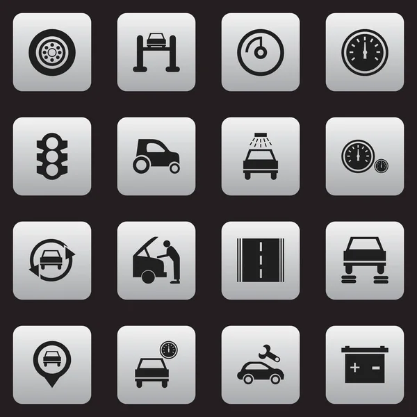 Набор из 16 настольных автомобильных иконок. Включает в себя такие символы, как стоплайт, автомобиль, шоссе и многое другое. Can be used for Web, Mobile, UI and Infographic Design . — стоковый вектор