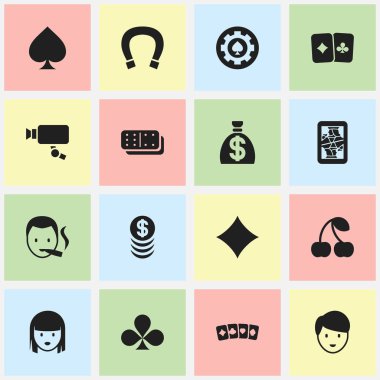 16 düzenlenebilir kumar simgeler kümesi. Blackjack, siyah kalp, kadın yüzü ve daha fazlası gibi simgeler içerir. Web, mobil, UI ve Infographic tasarımı için kullanılabilir.