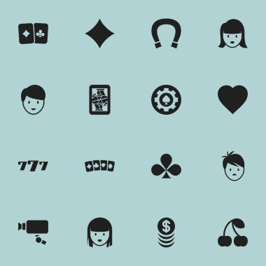 16 düzenlenebilir iş simgeler kümesi. Şans tılsımı, kart çifti, Casino işçi ve daha fazlası gibi simgeler içerir. Web, mobil, UI ve Infographic tasarımı için kullanılabilir.