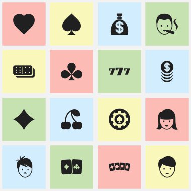 16 düzenlenebilir kumar simgeler kümesi. Rhombus, kart çifti, kadın yüzü ve daha fazlası gibi simgeler içerir. Web, mobil, UI ve Infographic tasarımı için kullanılabilir.