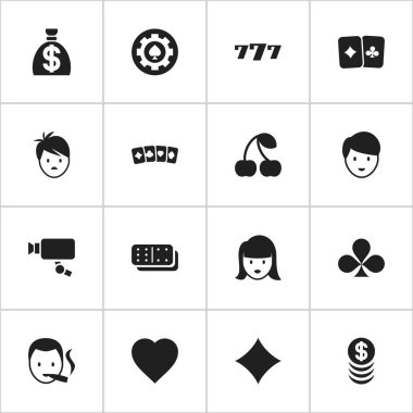 16 düzenlenebilir Casino simgeler kümesi. Paran, Sigara içen, üst üste para ve daha fazla sıra simgeler içerir. Web, mobil, UI ve Infographic tasarımı için kullanılabilir.