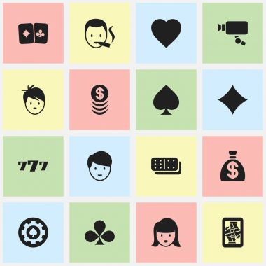 16 düzenlenebilir heyecan simgeler kümesi. Yığılmış para, yonca, oyun kartı ve daha fazlası gibi simgeler içerir. Web, mobil, UI ve Infographic tasarımı için kullanılabilir.