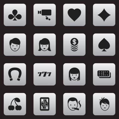 16 düzenlenebilir kumar simgeler kümesi. Sigara içen, Casino işçi, şans tılsımı ve daha fazlası gibi simgeler içerir. Web, mobil, UI ve Infographic tasarımı için kullanılabilir.