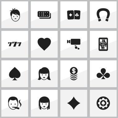 16 düzenlenebilir kumar simgeler kümesi. Rhombus, şans tılsımı, şanslı-7 ve daha fazlası gibi simgeler içerir. Web, mobil, UI ve Infographic tasarımı için kullanılabilir.