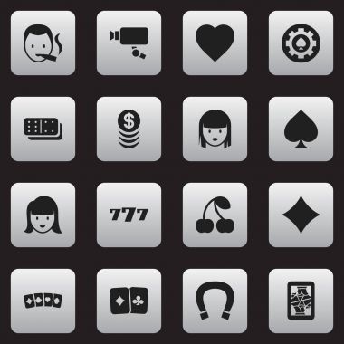 16 düzenlenebilir kumar simgeler kümesi. Kart takım elbise, Cam, kadın yüzü ve daha fazla izleme gibi simgeler içerir. Web, mobil, UI ve Infographic tasarımı için kullanılabilir.