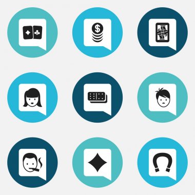 9 düzenlenebilir Casino simgeler kümesi. Sigara içen, yığılmış para, kart çift gibi simgeler ve daha fazlasını içerir. Web, mobil, UI ve Infographic tasarımı için kullanılabilir.