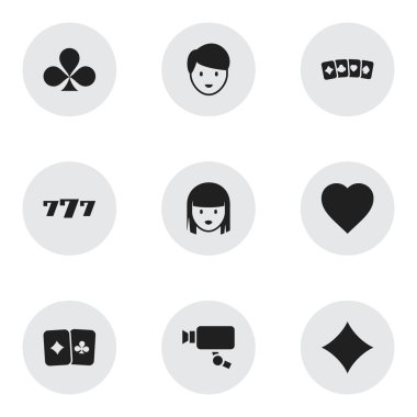 9 düzenlenebilir heyecan simgeler kümesi. Kart takım elbise, Casino işçi, Shamrock ve daha fazlası gibi simgeler içerir. Web, mobil, UI ve Infographic tasarımı için kullanılabilir.