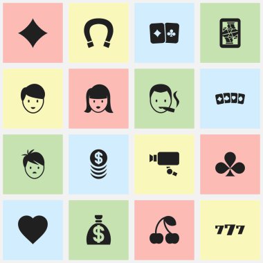 16 düzenlenebilir heyecan simgeler kümesi. Aşk, kart çifti, Sigara içen ve daha fazlası gibi simgeler içerir. Web, mobil, UI ve Infographic tasarımı için kullanılabilir.