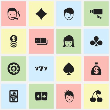 16 düzenlenebilir heyecan simgeler kümesi. Paran, çocuk, oyun kartı ve daha fazlası gibi simgeler içerir. Web, mobil, UI ve Infographic tasarımı için kullanılabilir.