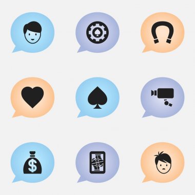 9 düzenlenebilir heyecan simgeler kümesi. Siyah kalp, oyun kartı, Blackjack ve daha fazlası gibi simgeler içerir. Web, mobil, UI ve Infographic tasarımı için kullanılabilir.