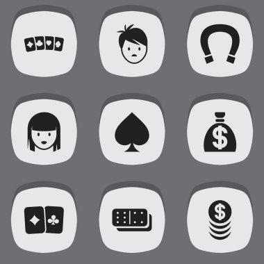 9 düzenlenebilir kumar simgeler kümesi. Kart takım elbise, çocuk, Bones oyun ve daha fazlası gibi simgeler içerir. Web, mobil, UI ve Infographic tasarımı için kullanılabilir.