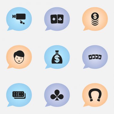 9 düzenlenebilir oyun simgeler kümesi. Casino işçi, yonca, paran ve daha fazlası gibi simgeler içerir. Web, mobil, UI ve Infographic tasarımı için kullanılabilir.