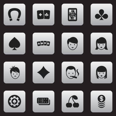 16 düzenlenebilir kumar simgeler kümesi. Kadın yüzü, siyah kalp, kart çift ve daha fazlası gibi simgeler içerir. Web, mobil, UI ve Infographic tasarımı için kullanılabilir.