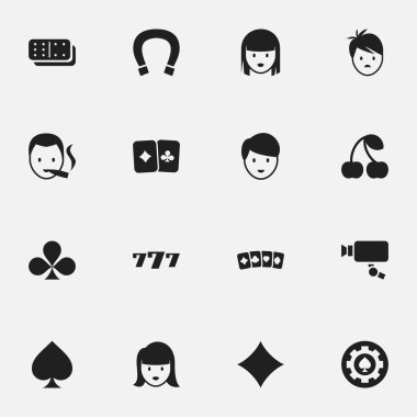 16 düzenlenebilir heyecan simgeler kümesi. Bones oyun, kart takım elbise, oyun kartı ve daha fazlası gibi simgeler içerir. Web, mobil, UI ve Infographic tasarımı için kullanılabilir.