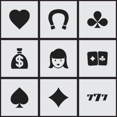 9 düzenlenebilir Casino simgeler kümesi. Şans tılsımı, şanslı-7, kart çift ve daha fazlası gibi simgeler içerir. Web, mobil, UI ve Infographic tasarımı için kullanılabilir.