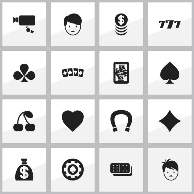 16 düzenlenebilir kumar simgeler kümesi. Oyun kartı, paran, yığılmış para ve daha fazlası gibi simgeler içerir. Web, mobil, UI ve Infographic tasarımı için kullanılabilir.