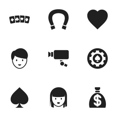 9 düzenlenebilir kumar simgeler kümesi. Aşk, siyah kalp, şans tılsımı ve daha fazlası gibi simgeler içerir. Web, mobil, UI ve Infographic tasarımı için kullanılabilir.