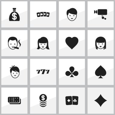 16 düzenlenebilir Casino simgeler kümesi. Kadın yüzü, Rhombus, Sigara içen ve daha fazlası gibi simgeler içerir. Web, mobil, UI ve Infographic tasarımı için kullanılabilir.