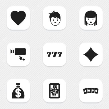 9 düzenlenebilir Casino simgeler kümesi. Şanslı-7, çocuk, Blackjack ve daha fazlası gibi simgeler içerir. Web, mobil, UI ve Infographic tasarımı için kullanılabilir.