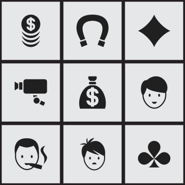 9 düzenlenebilir heyecan simgeler kümesi. Yığılmış para, Casino işçi, şans tılsımı ve daha fazlası gibi simgeler içerir. Web, mobil, UI ve Infographic tasarımı için kullanılabilir.